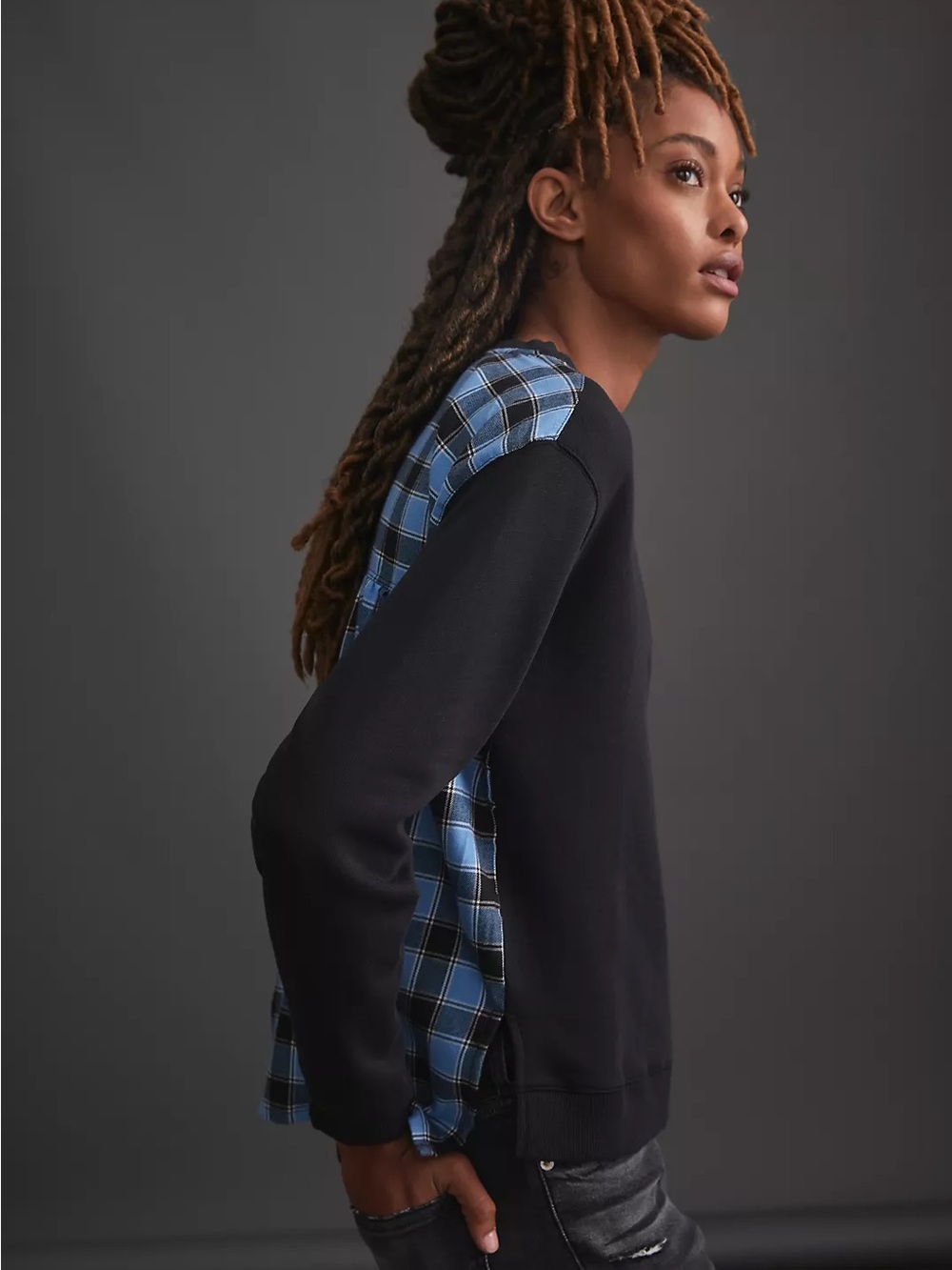 Anthropologie Pilcro Contrast Flannel Sweatshirt Black with Blue Plaid Back